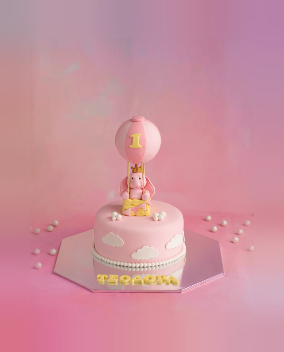 Детска Торта с Розово Слонче в Балон - D52